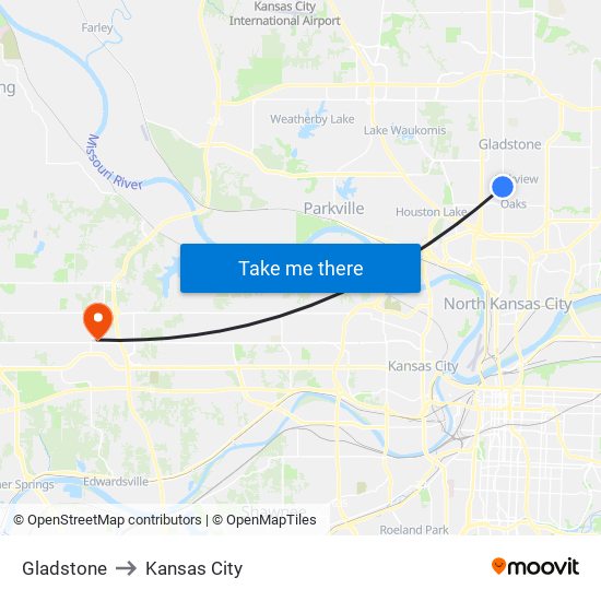 Gladstone to Kansas City map