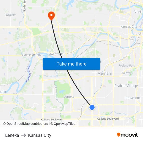 Lenexa to Kansas City map