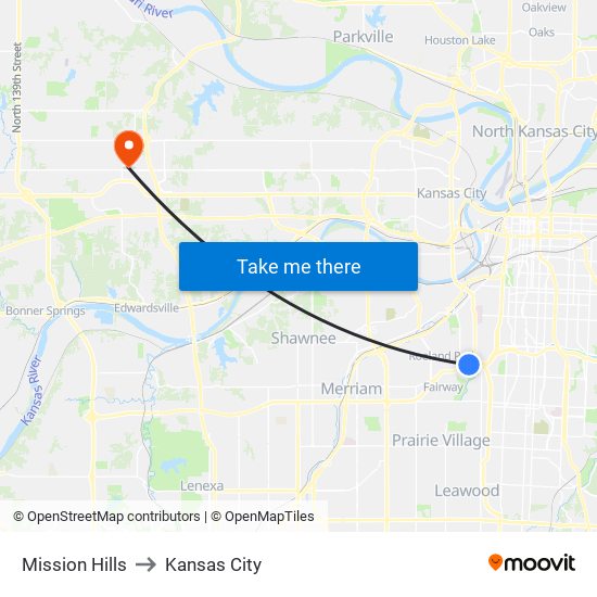 Mission Hills to Kansas City map