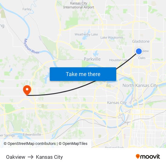 Oakview to Kansas City map