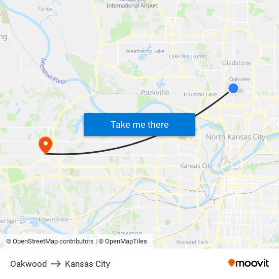 Oakwood to Kansas City map