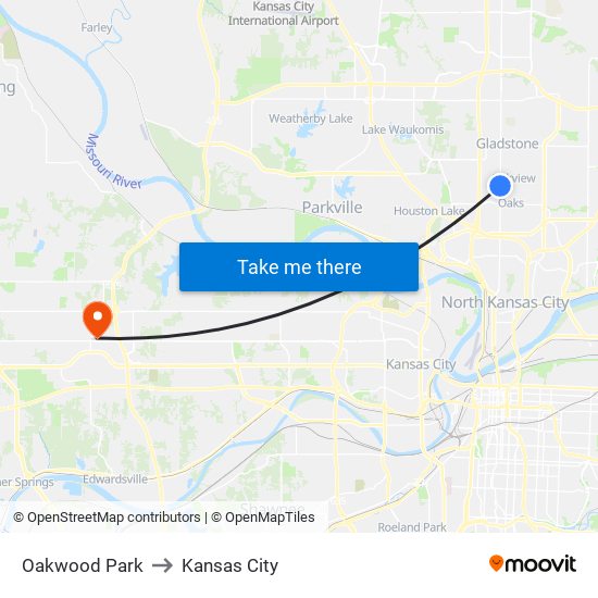Oakwood Park to Kansas City map