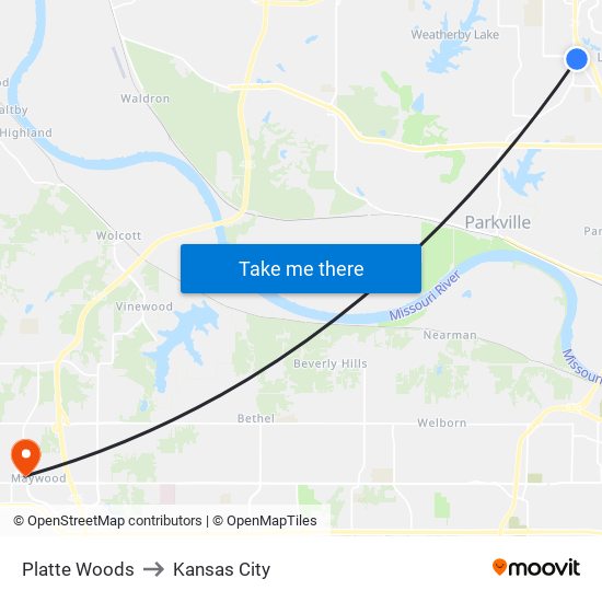 Platte Woods to Kansas City map