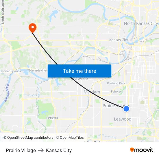 Prairie Village to Kansas City map