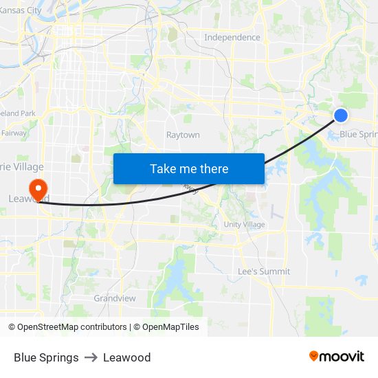 Blue Springs to Leawood map