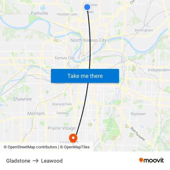 Gladstone to Leawood map