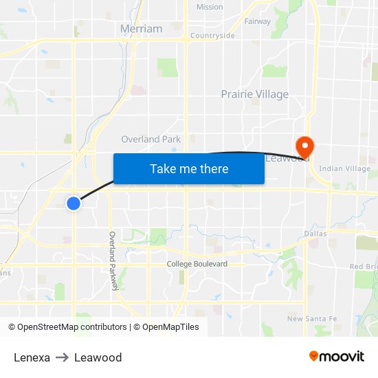 Lenexa to Leawood map