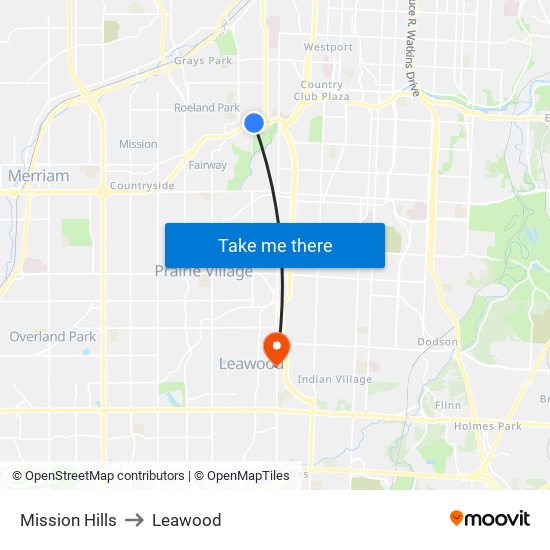 Mission Hills to Leawood map