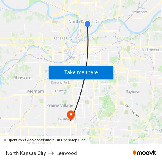 North Kansas City to Leawood map