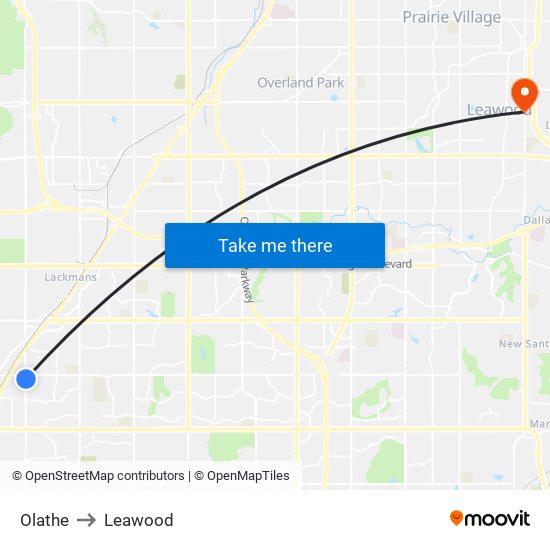 Olathe to Leawood map