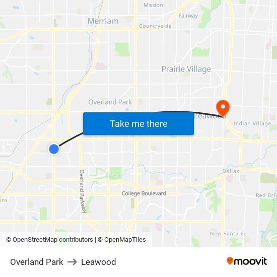 Overland Park to Leawood map