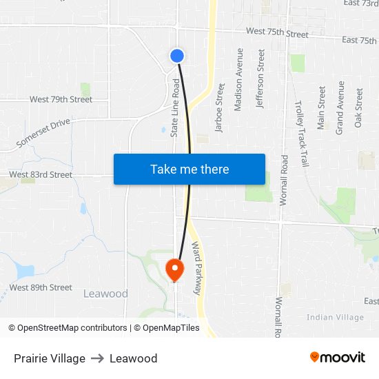 Prairie Village to Leawood map