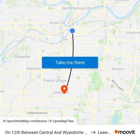 On 12th Between Central And Wyandotte Eastbound to Leawood map