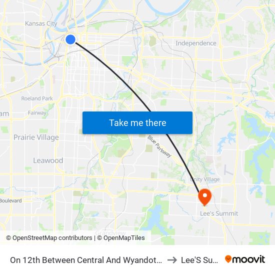 On 12th Between Central And Wyandotte Eastbound to Lee'S Summit map