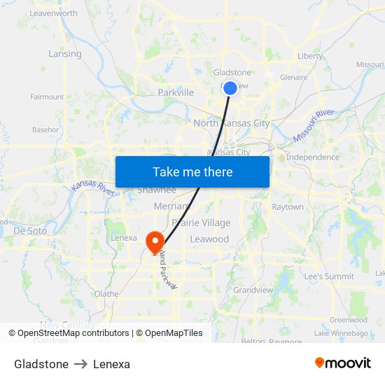 Gladstone to Lenexa map