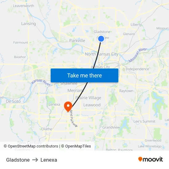 Gladstone to Lenexa map