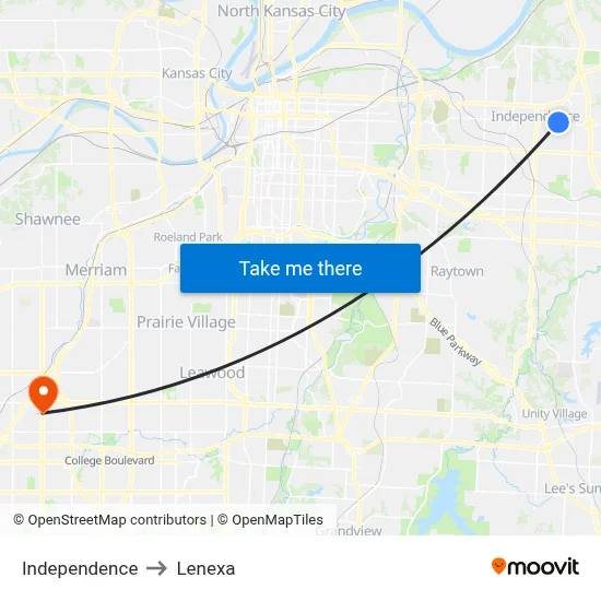 Independence to Lenexa map