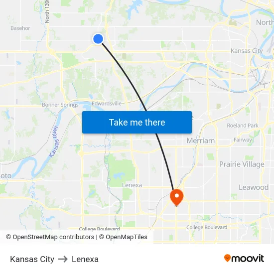 Kansas City to Lenexa map