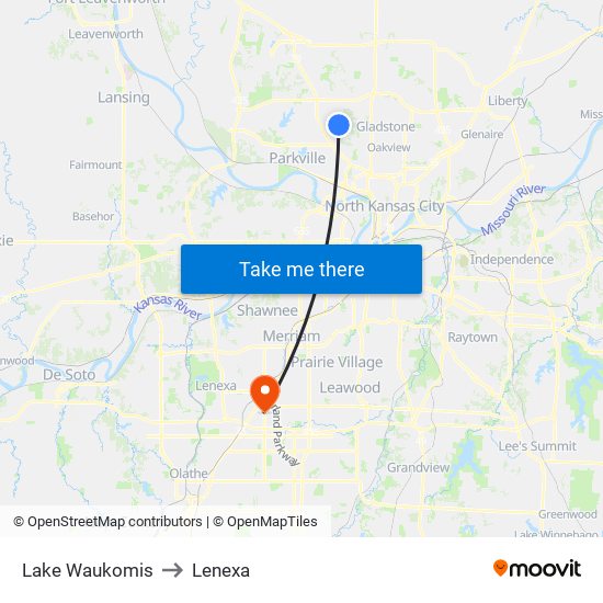 Lake Waukomis to Lenexa map