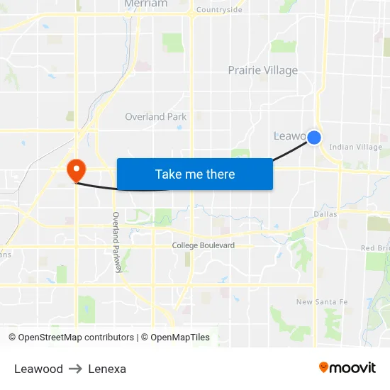 Leawood to Lenexa map