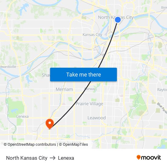 North Kansas City to Lenexa map