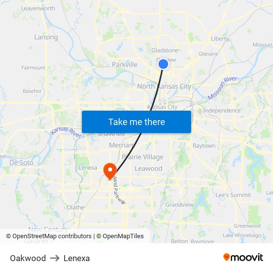 Oakwood to Lenexa map