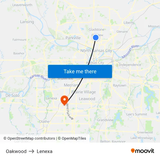 Oakwood to Lenexa map