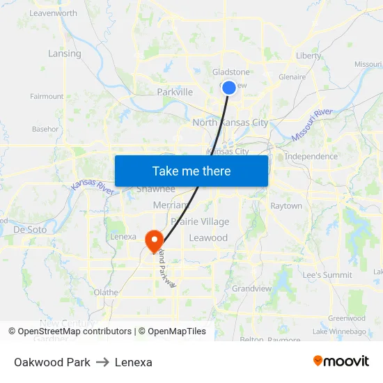 Oakwood Park to Lenexa map