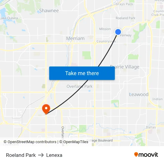 Roeland Park to Lenexa map