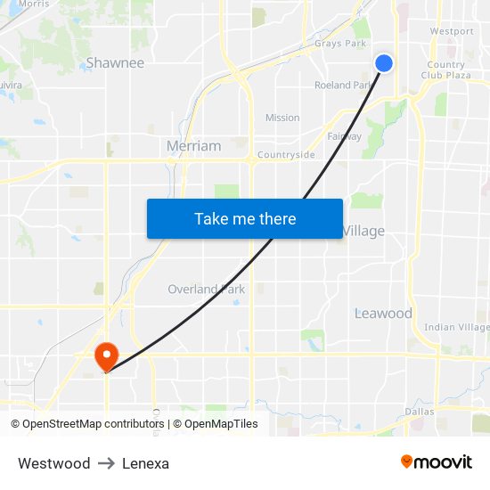 Westwood to Lenexa map