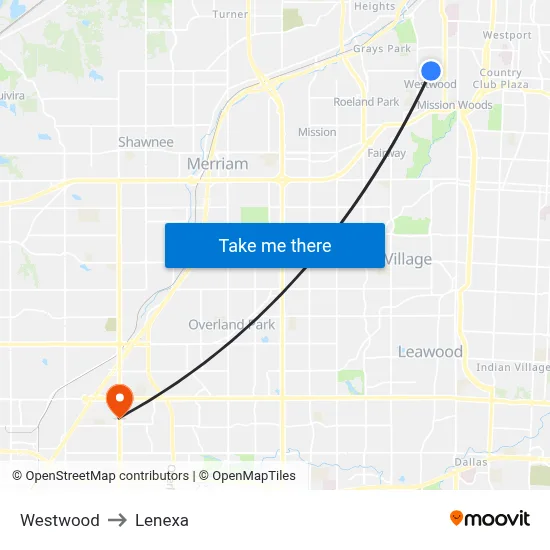 Westwood to Lenexa map