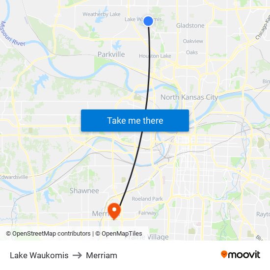 Lake Waukomis to Merriam map