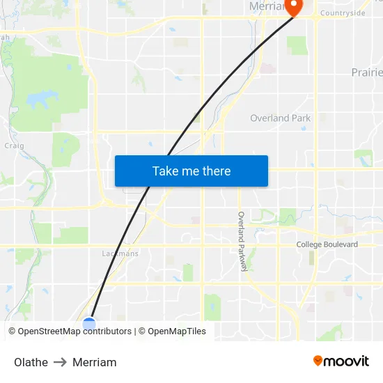 Olathe to Merriam map