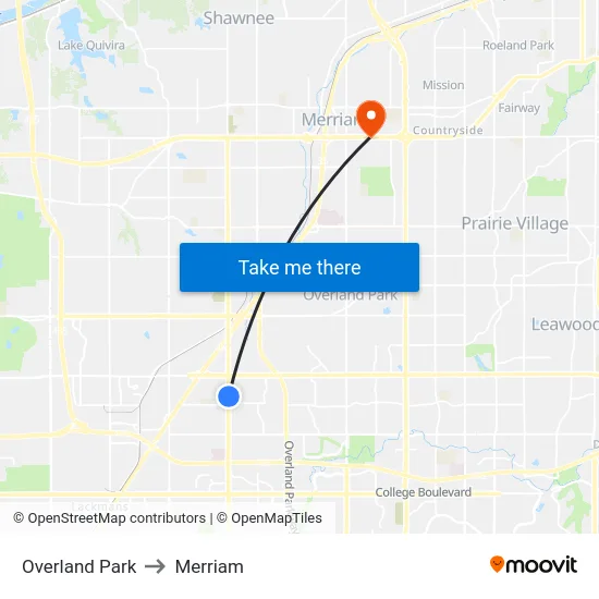 Overland Park to Merriam map
