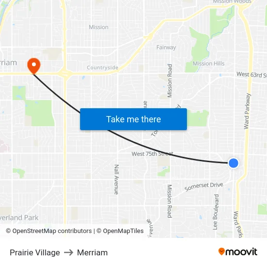 Prairie Village to Merriam map