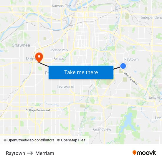 Raytown to Merriam map