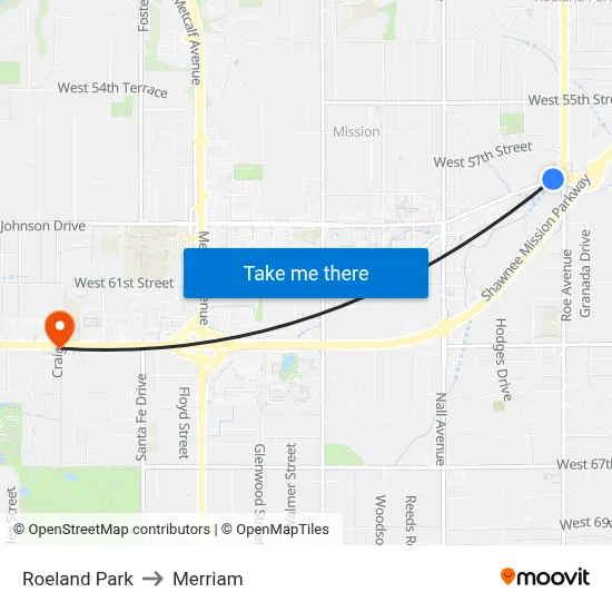 Roeland Park to Merriam map