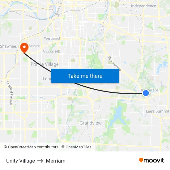 Unity Village to Merriam map