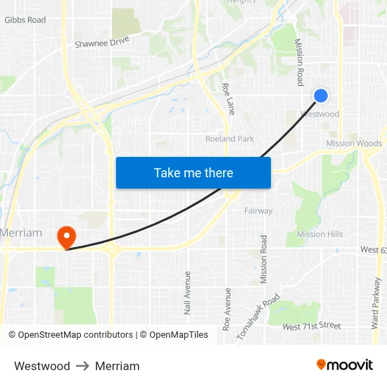 Westwood to Merriam map