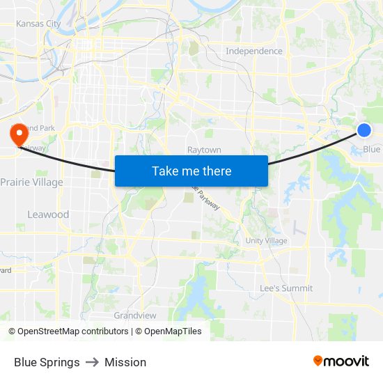 Blue Springs to Mission map