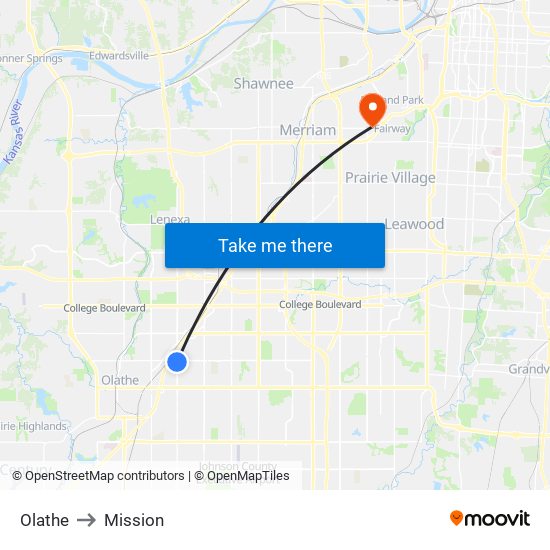 Olathe to Mission map