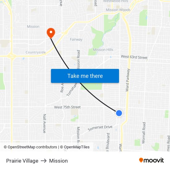 Prairie Village to Mission map