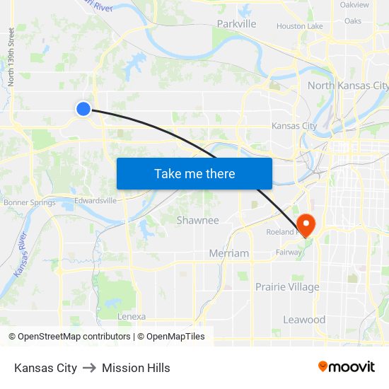 Kansas City to Mission Hills map