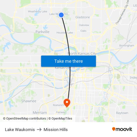 Lake Waukomis to Mission Hills map