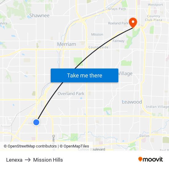 Lenexa to Mission Hills map