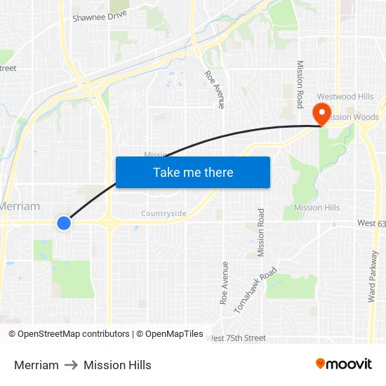 Merriam to Mission Hills map