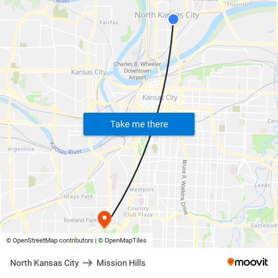 North Kansas City to Mission Hills map
