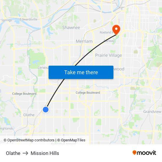 Olathe to Mission Hills map