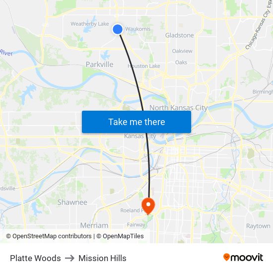 Platte Woods to Mission Hills map