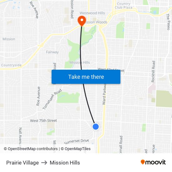 Prairie Village to Mission Hills map